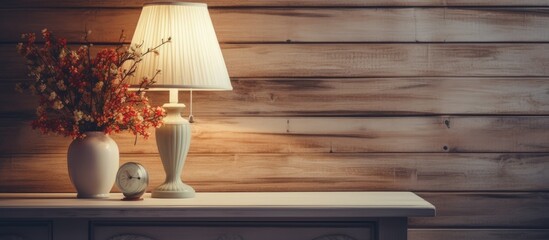 Interior decoration with a lamp on a wooden table