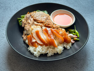 Braised pork leg with steamed rice ready to eat