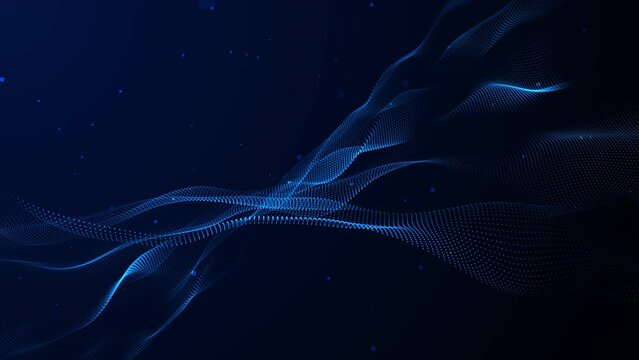 Abstract blue wave form animated loop with blue light digital effect on black background. Network communication wave signal technology futuristic concept. 