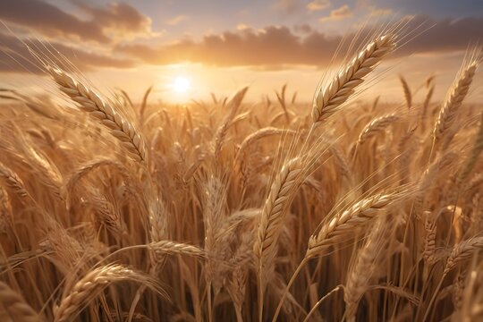 Espigas de trigo moviendose con el viento bajo el sol en un cielo con nubes al atardecer. Campo de trigo seco