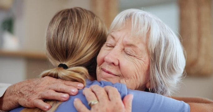 Healthcare, smile and nurse hugging old woman on sofa in living room of home for empathy or support. Medical, trust and face of happy senior patient embracing caregiver in assisted living apartment