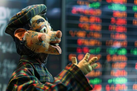 Showcase a puppet against a stock board background adding a sense of financial control to the composition