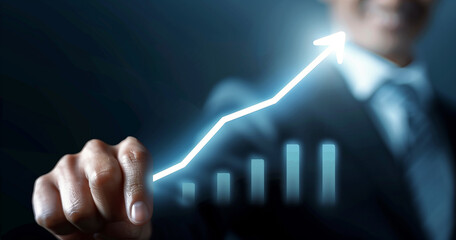 Businessman Interacting with Glowing Growth Arrow on Virtual Screen. Development and growth concept.
