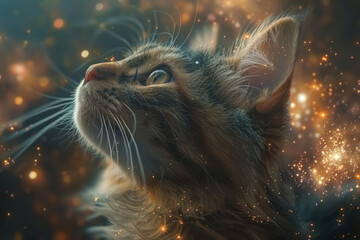 enchanted cute cat gazing at magical particules