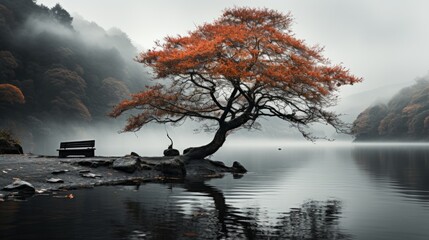 A tree with red leaves stands by the lake, amidst the natural landscape