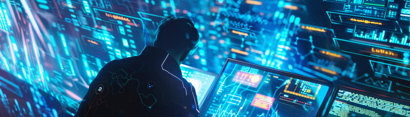 Cyberpunk wizard navigating a neon pastel datascape magical codes weaving through digital realms