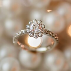 Elegant diamond ring in extreme closeup showcasing intricate details and brilliance against a soft blurred background