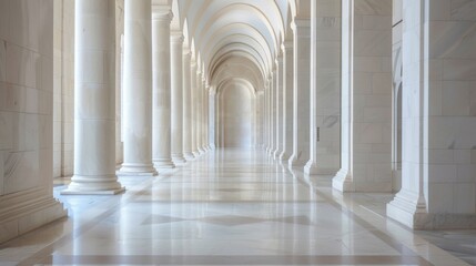 Minimalist cathedral corridor white marble walkway flanked by elegant poles