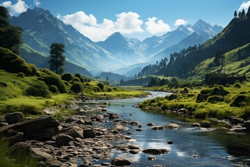 Flowing river in mountain valley, surrounded by natures beauty - obrazy, fototapety, plakaty