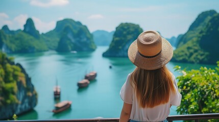 Young woman traveler with hat looking at beautiful view - obrazy, fototapety, plakaty