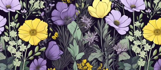 Floral Seamless Pattern with Yellow and Purple Flowers in Green Foliage