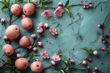 Pink spring blossoms and branches with speckled fruit arranged on a textured turquoise backdrop
