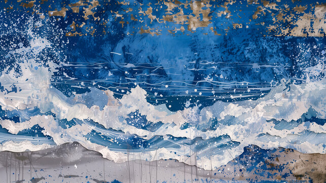 Ocean wave in Navy blue paper collage. Grunge paint art of salt water spray with sea foam. Clip art or scrapbooking wallpaper creative design by Vita