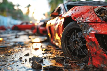 Burned car after car accident on road, closeup. Auto insurance concept - obrazy, fototapety, plakaty