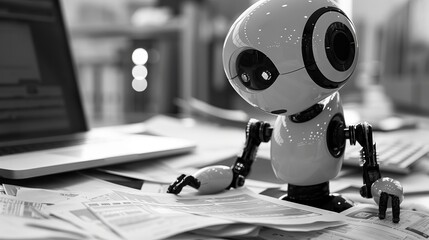 Compact Robot Analyzing Financial Documents Beside a Laptop

