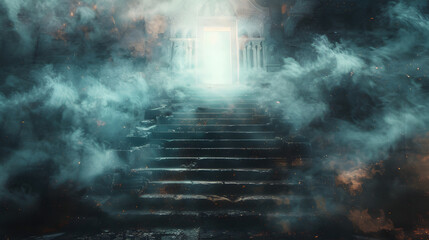 A heaven stairway is shown, the gate surrounded by fire and smoke, leading to a door of light at the top.