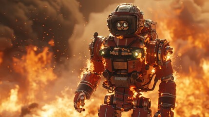 Robotic Firefighter Braving Inferno with Precision, Portraying Technological Advancement in Emergency Response

