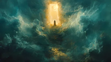 Fotobehang A heaven stairway is shown, the gate surrounded by fire and smoke, leading to a door of light at the top. © wing