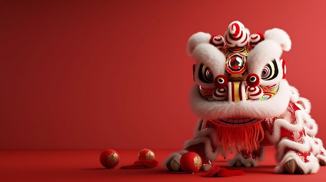 Chinese lion dance on a red background