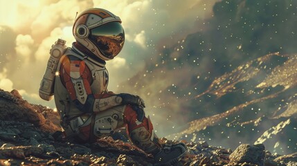 Solitary Astronaut Seated on Rocky Terrain of an Alien Planet, Contemplating the Cosmos
