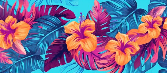 Tropical seamless pattern with palm leaves and ethnic aloha rapport. - obrazy, fototapety, plakaty