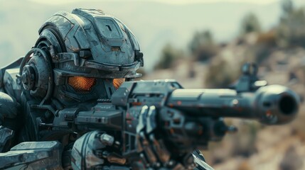 Military Combat Robot with Heavy Weaponry Surveying a Barren Landscape

