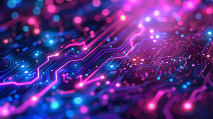 Abstract expression of digital connectivity, featuring circuit-like patterns and vibrant neon lights to symbolize the digital age, purple and blue is main color, close up - obrazy, fototapety, plakaty