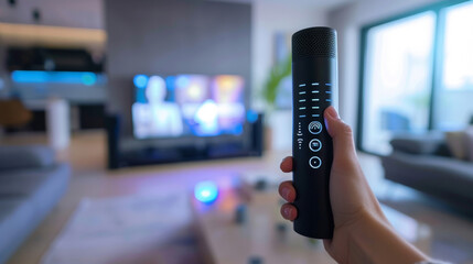 A persons hand holding a voiceactivated smart home remote with a blurred background of a modern techfilled living room with voice commands displayed on the TV screen.