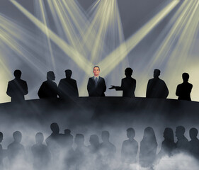 The chairman of the board is bathed in light and surrouned by his minions in a 3-d illustation about business leaders and politics. - obrazy, fototapety, plakaty