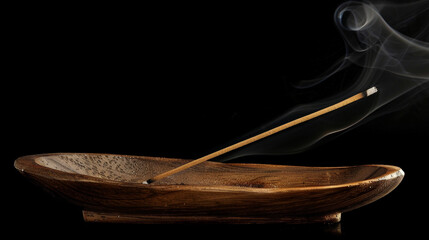 A close up of a wooden incense holder with a stick of fragrant incense burning and emanating smoke. The image invokes a sense of traditional rituals and practices for purifying - obrazy, fototapety, plakaty