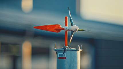 A macro image of a small wind vane attached to the top of the miniature turbine pointing in the direction of the simulated wind flow to ensure optimal rotation. - obrazy, fototapety, plakaty