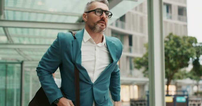 Senior man, watch and running with bag for deadline, late or career opportunity at airport in city. Businessman or employee checking wristwatch for time, appointment or rushing to work in urban town
