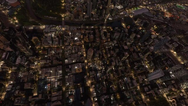 Top aerial dusk drone view of the city of Melbourne overlooking Queensbridge. Australia