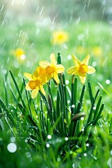 Embrace the freshness of spring with blooming flowers, green grass, and the sweet scent of rain in the air, Generative AI