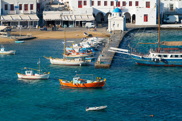 Mykonos town boat pier. Mykonos island, Cyclades, Greece