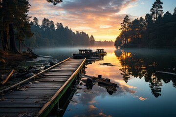 Wooden dock on lake at dusk, trees silhouette against colorful sky - Powered by Adobe
