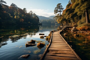Wooden bridge over water in forest, connecting sky and horizon - Powered by Adobe