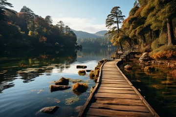 Foto op Plexiglas Wooden bridge over water in forest, connecting sky and horizon © Yuchen Dong