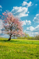 Obraz na płótnie Canvas Experience the vibrant colors of spring as flowers bloom and trees burst with new life against a backdrop of blue skies and fluffy white clouds, Generative AI