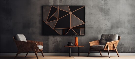 Stylish interior mockup with geometric shape on wooden stand