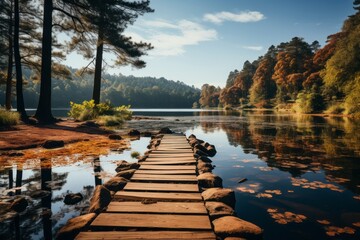 A wooden dock extends over the water in a serene forest lake - obrazy, fototapety, plakaty