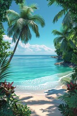 Tropical beach entrance or corridor. Vertical sea background with light blue sky and plants or palm...
