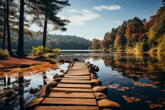 A wooden dock extends over the water in a serene forest lake