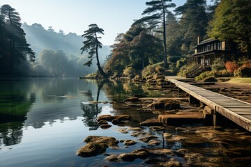 A dock on a lake surrounded by trees in a natural landscape - obrazy, fototapety, plakaty