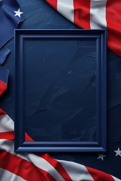 


Navy blue vertical rectangular frame, American symbol, USA flag elements. Photo-realistic simple design, excellent lighting, copy space, close-up. Frame and background for patriotic themes