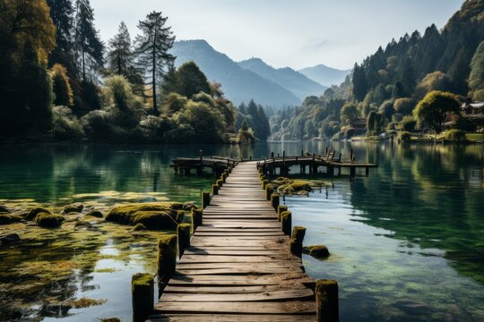 Wooden dock on water, mountains in natural landscape