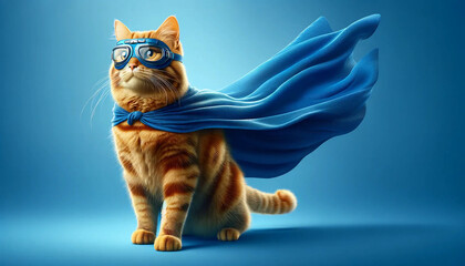 An orange tabby cat wearing a blue superhero cape and goggles against matching background