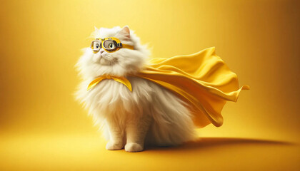 A fluffy white cat wearing yellow goggles and superhero cape against matching background