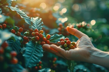 Hand harvesting coffee beans from coffee plant, nature light.. - obrazy, fototapety, plakaty