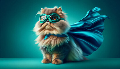 A fluffy Persian cat wearing teal goggles and superhero cape, against a vibrant teal background